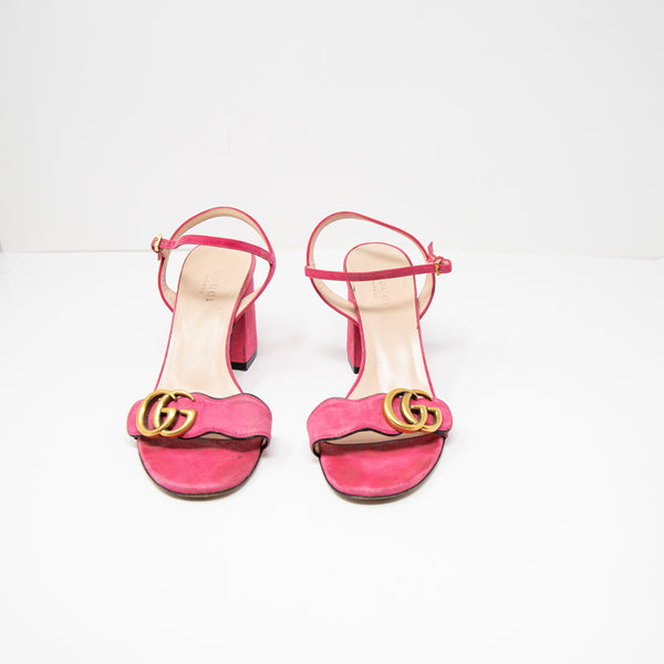 Gucci Kid Scamosciato GG Logo Marmont Ankle Wrap 75mm Suede Heels Sandals Shoes