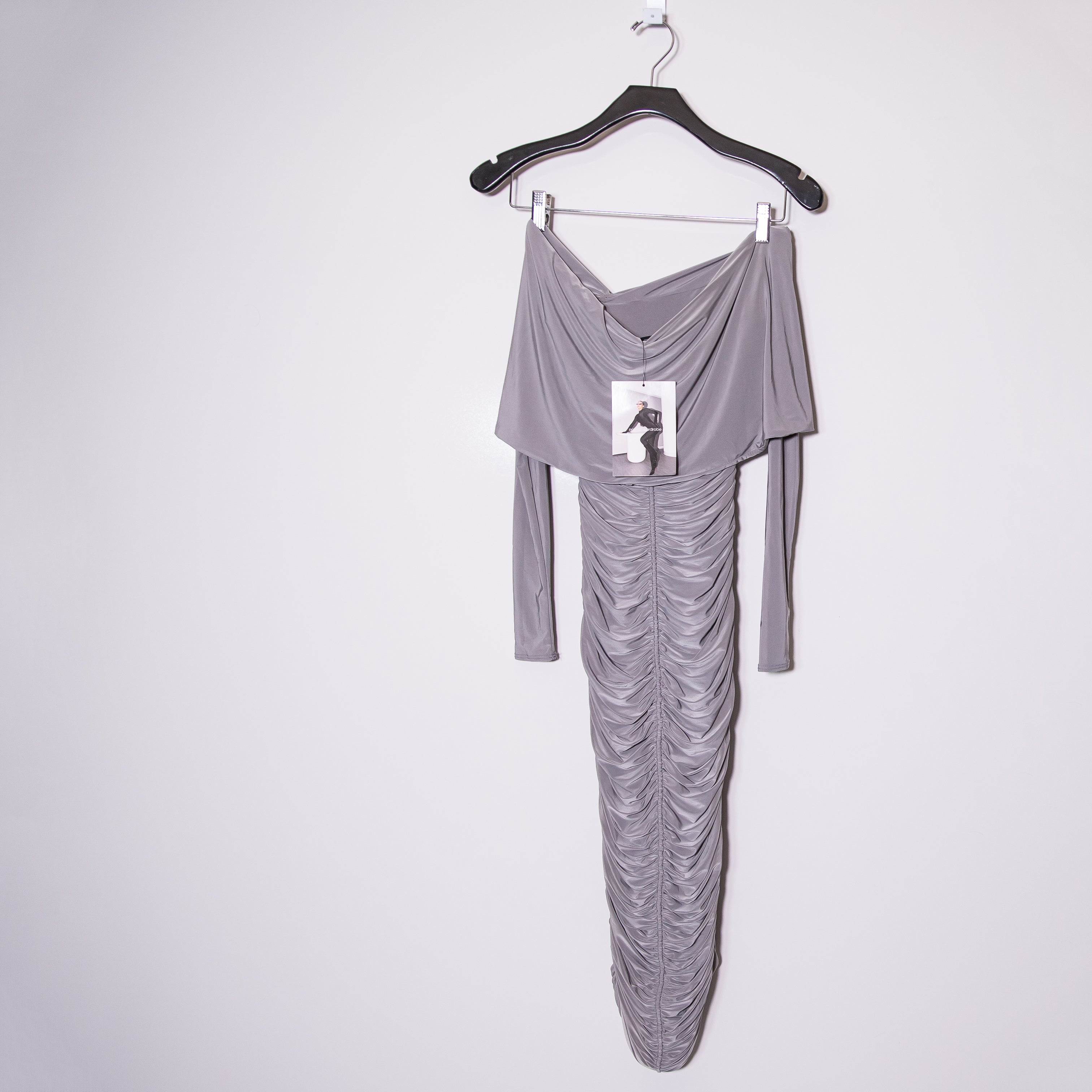 NEW Naked Wardrobe Ruched Jersey Knit Stretch Foldover Collar Bodycon Midi Dress
