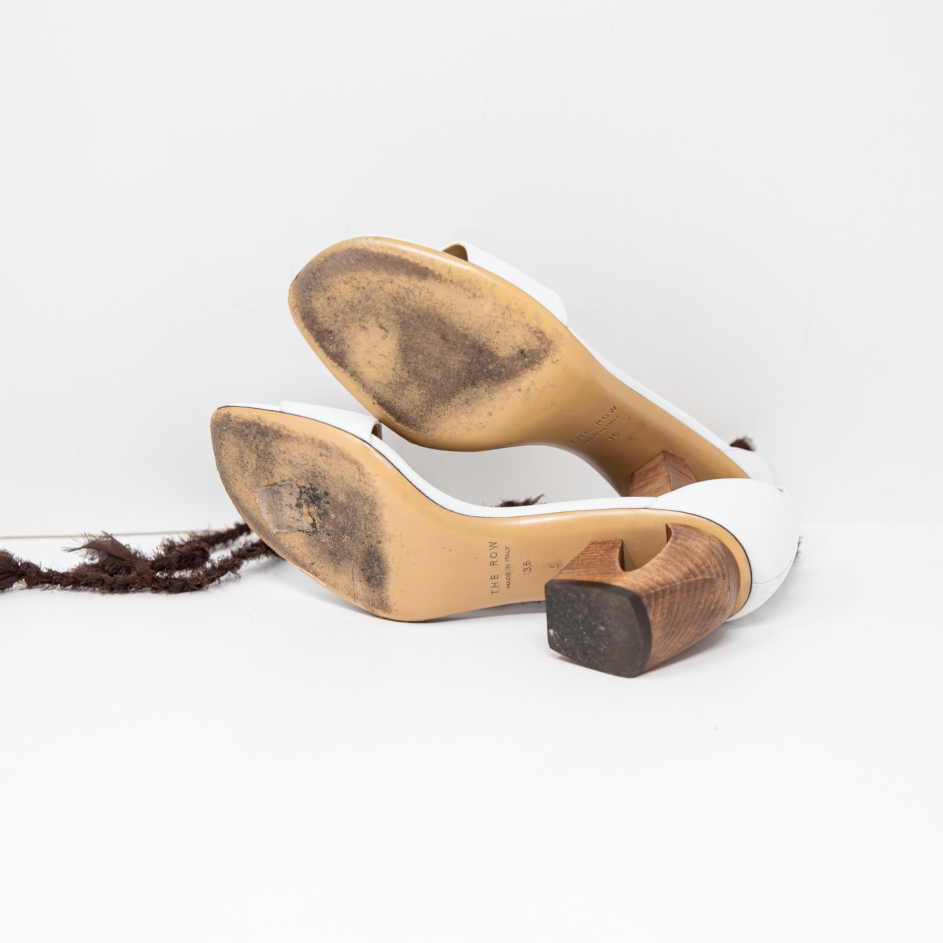 The ROW Hanna Genuine Leather Silk Chiffon Ankle Wrap Wood Block High Heels Shoe