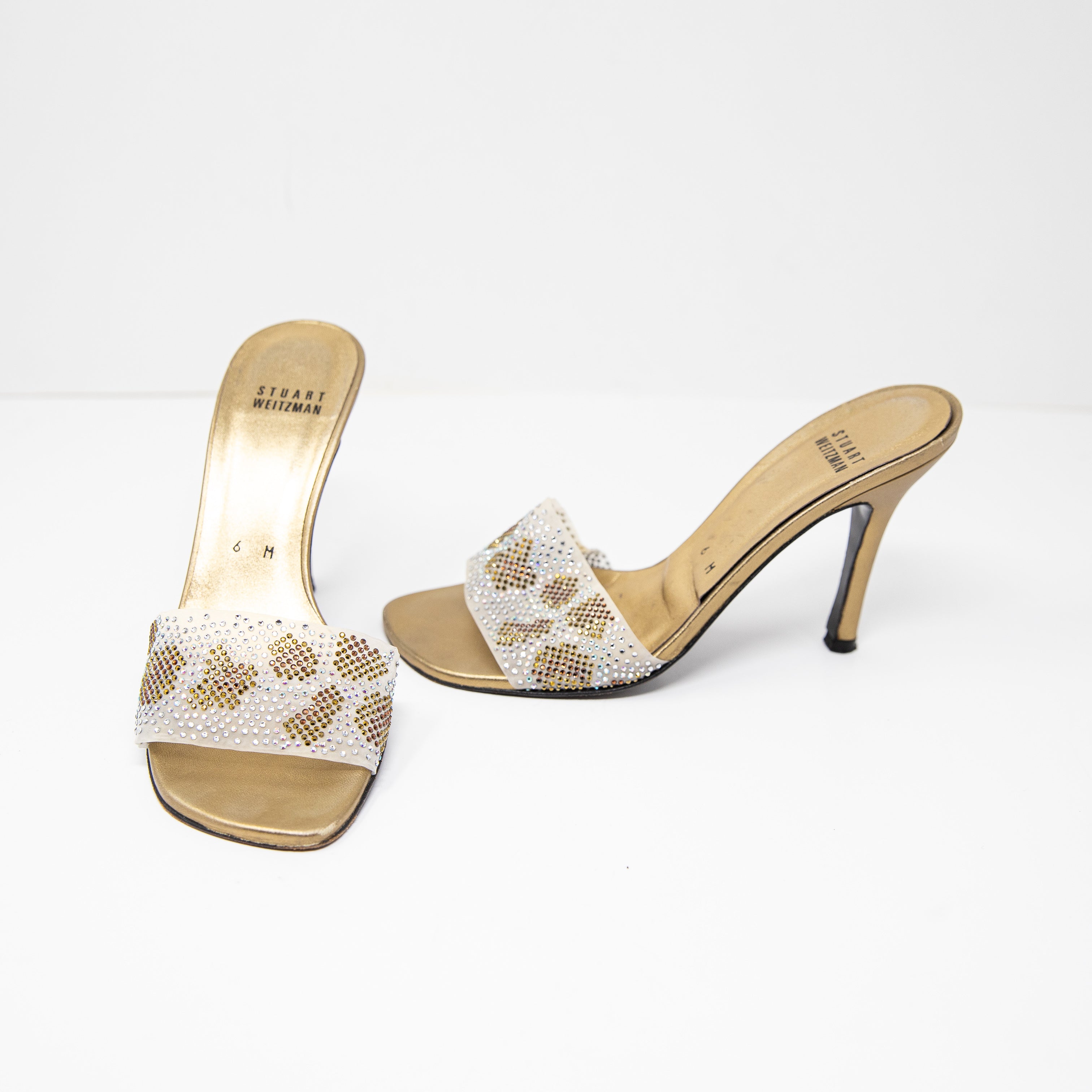 Stuart Weitzman Women's Crystal Jewel Embellished Mesh Open Toe Sandals Heels 6
