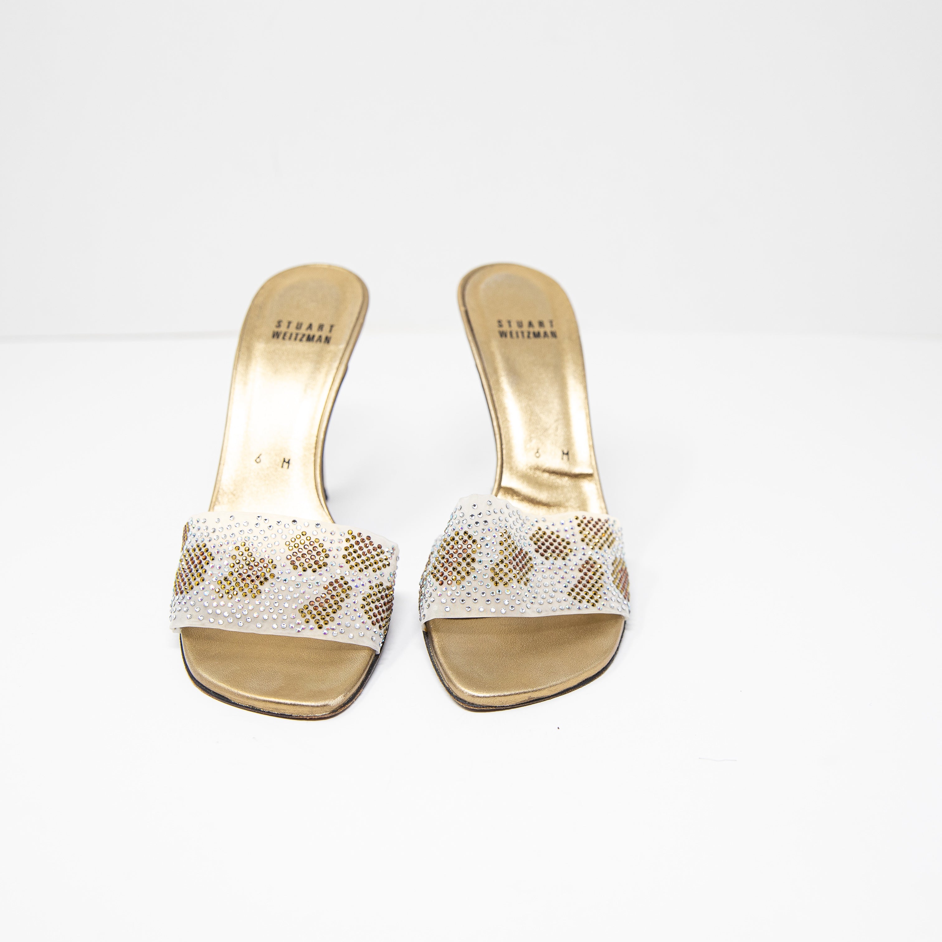 Stuart Weitzman Women's Crystal Jewel Embellished Mesh Open Toe Sandals Heels 6