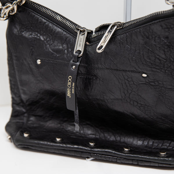 Jimmy Choo Raven Genuine Leather Textured Shoulder Purse Bag Tote Black Silver