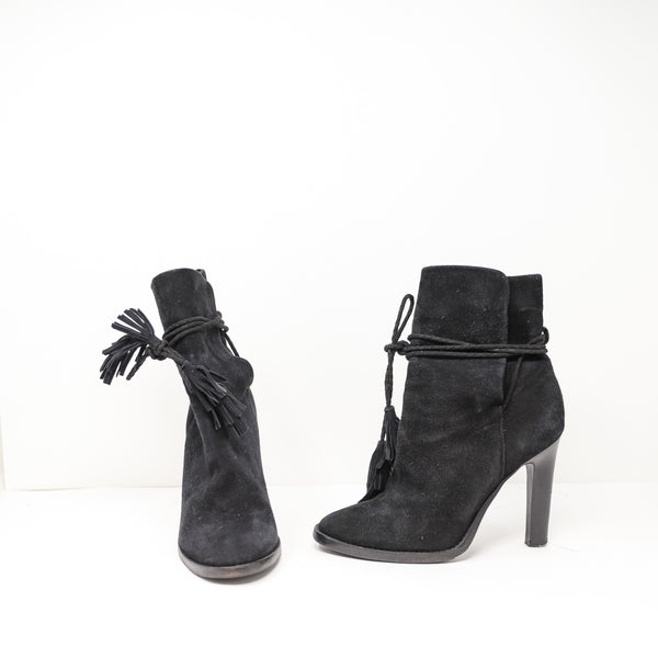 Joie Chap Tassel Ankle Tie High Heel Genuine Suede Booties Shoes Black 7.5