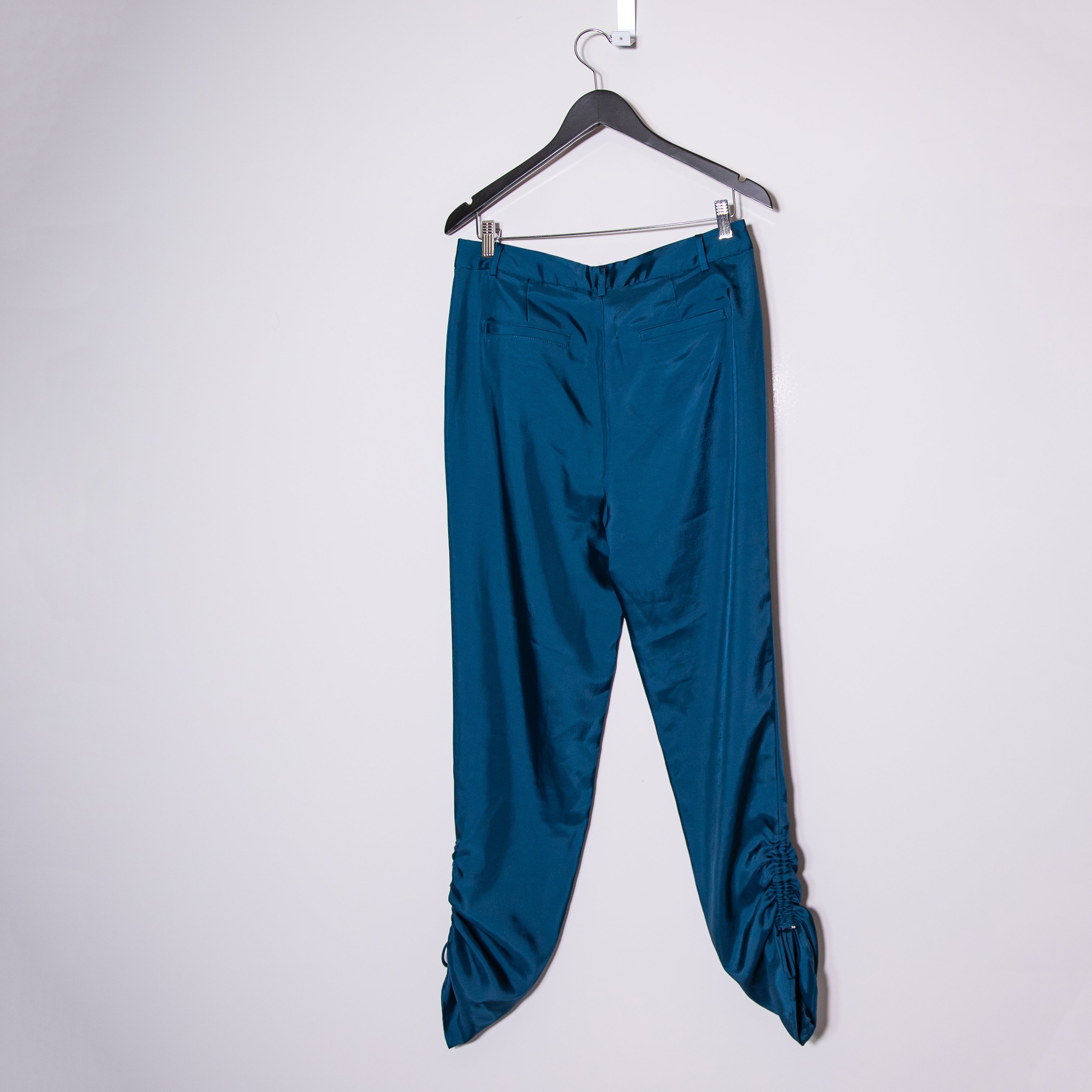 Tibi Women's Mid Rise Ruched Ankle Crop Trouser Satin Pants Blue 6