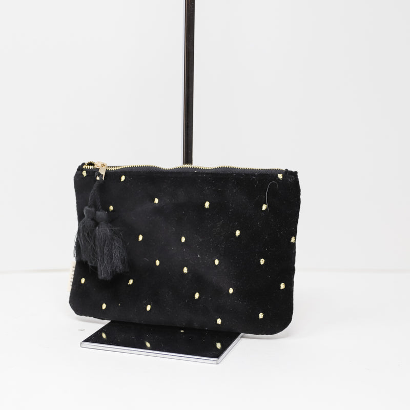 Sezane Black Velvet Velour Gold Embroidered Top Zip Makeup Purse Pouch Bag