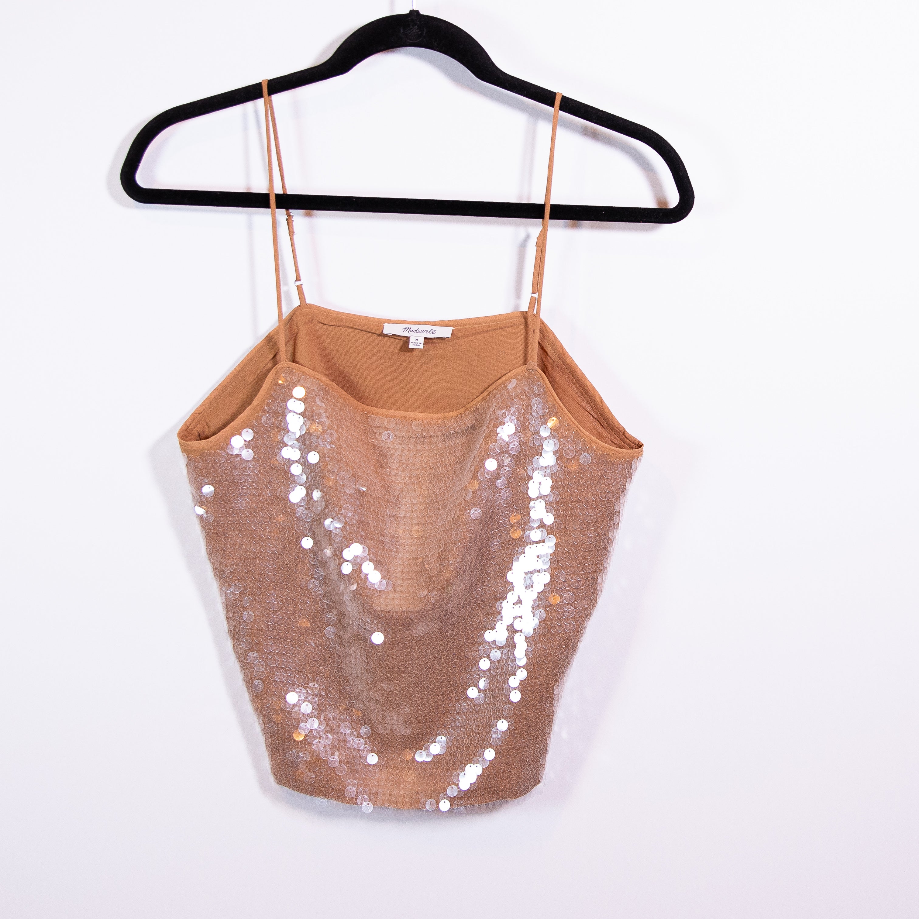 Madewell Sequin Sparkle Embellished Square Neck Cami Tank Top Fallen Timber M