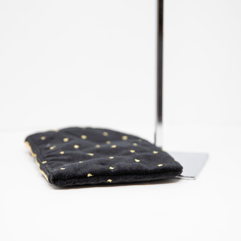 Sezane Black Velvet Velour Gold Embroidered Top Zip Makeup Purse Pouch Bag