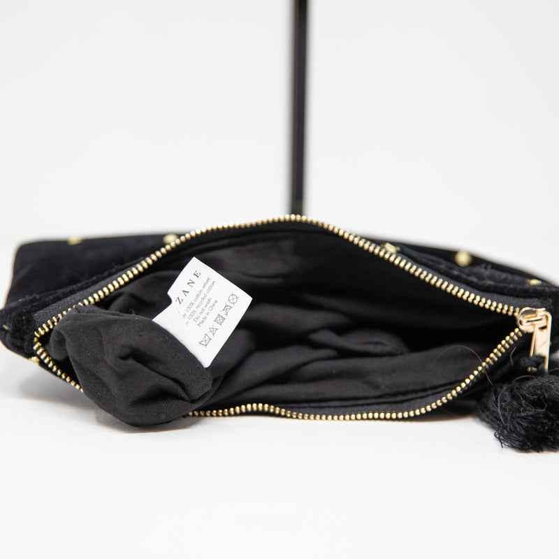 Sezane Black Velvet Velour Gold Embroidered Top Zip Makeup Purse Pouch Bag