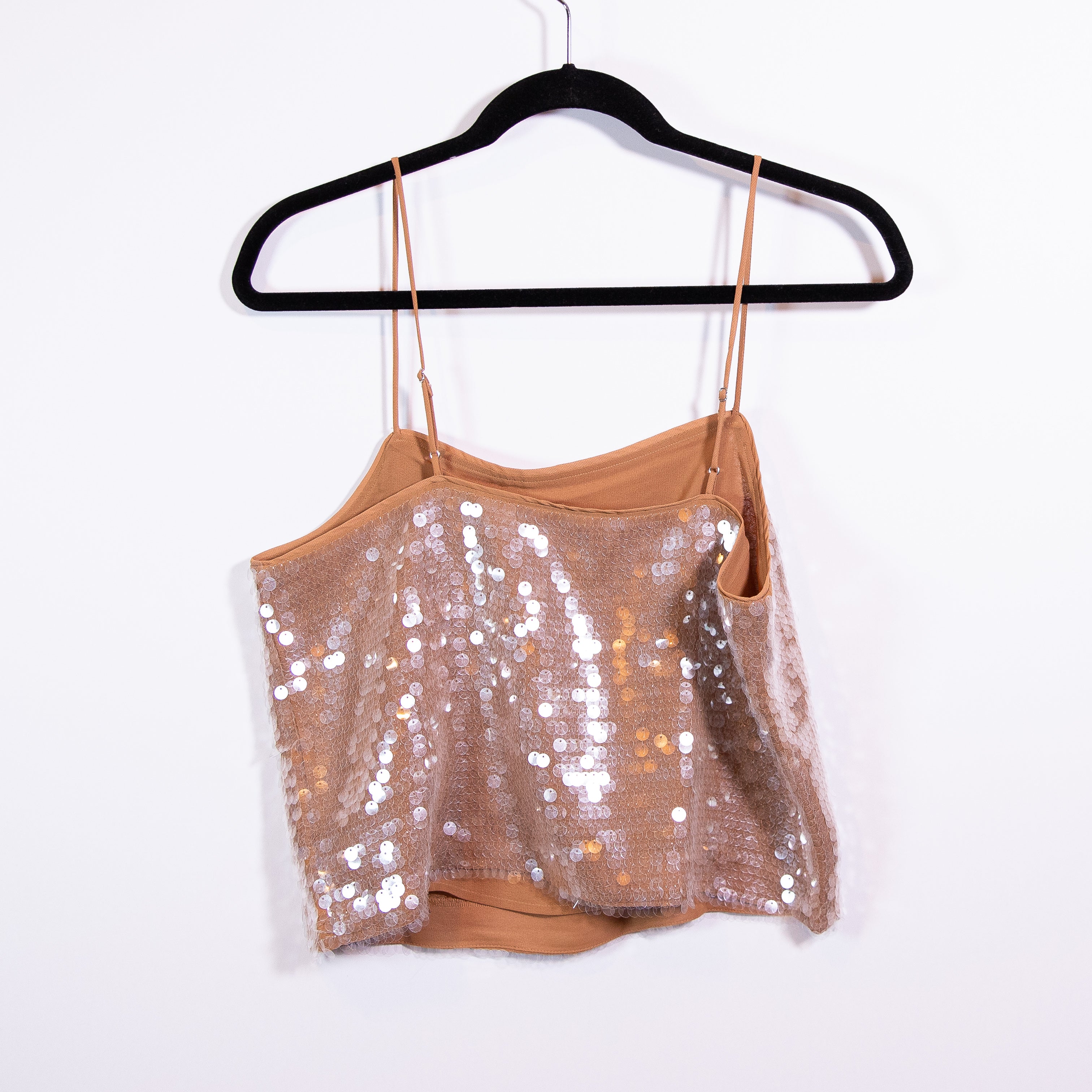 Madewell Sequin Sparkle Embellished Square Neck Cami Tank Top Fallen Timber M