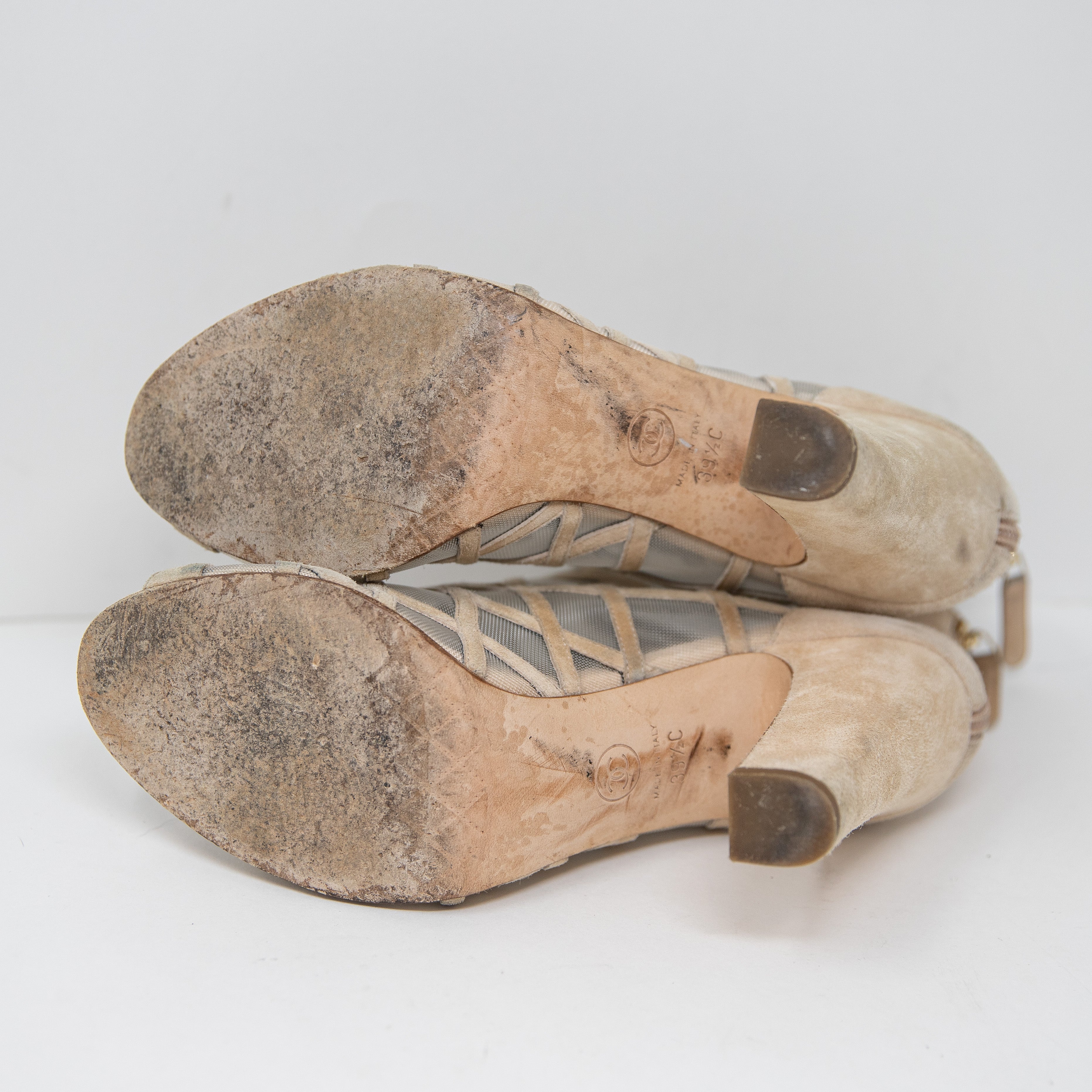 Chanel Genuine Suede Leather Mesh Sheer Cage Woven Peep Toe Ankle Booties Shoes