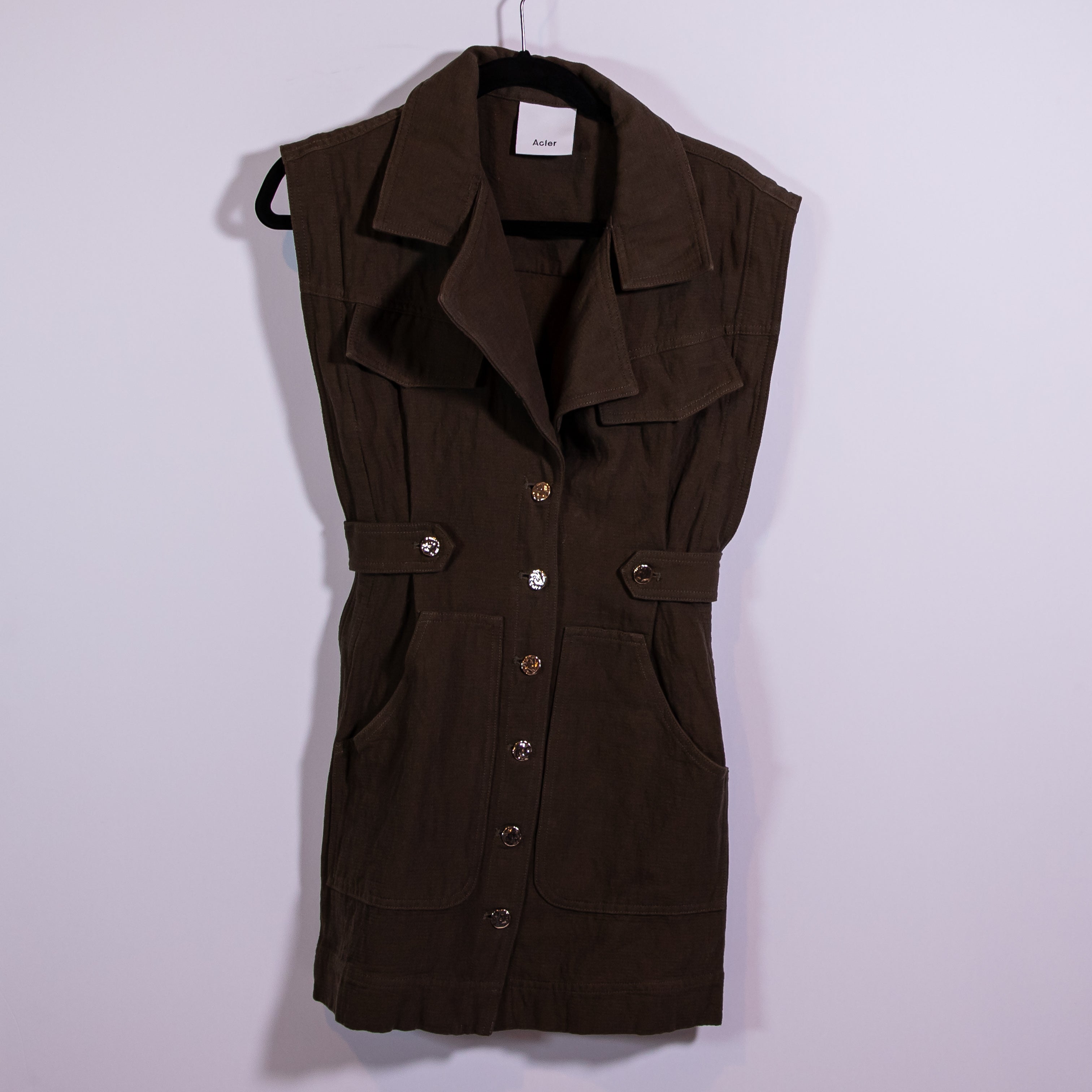 Acler Walter Cotton Linen Button Front Collared Sleeveless Mini Dress Brown 2