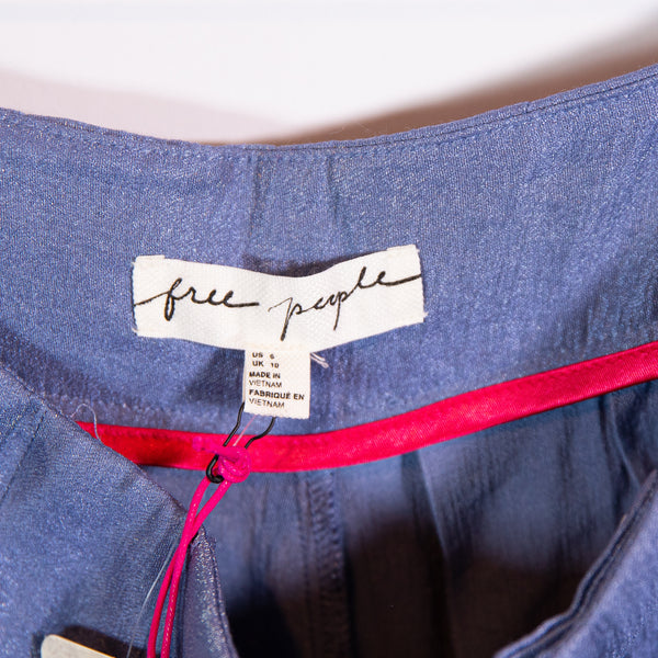 NEW Free People Arlo High Waisted Pleated Trouser Pants Metallic Denim Grey Blue