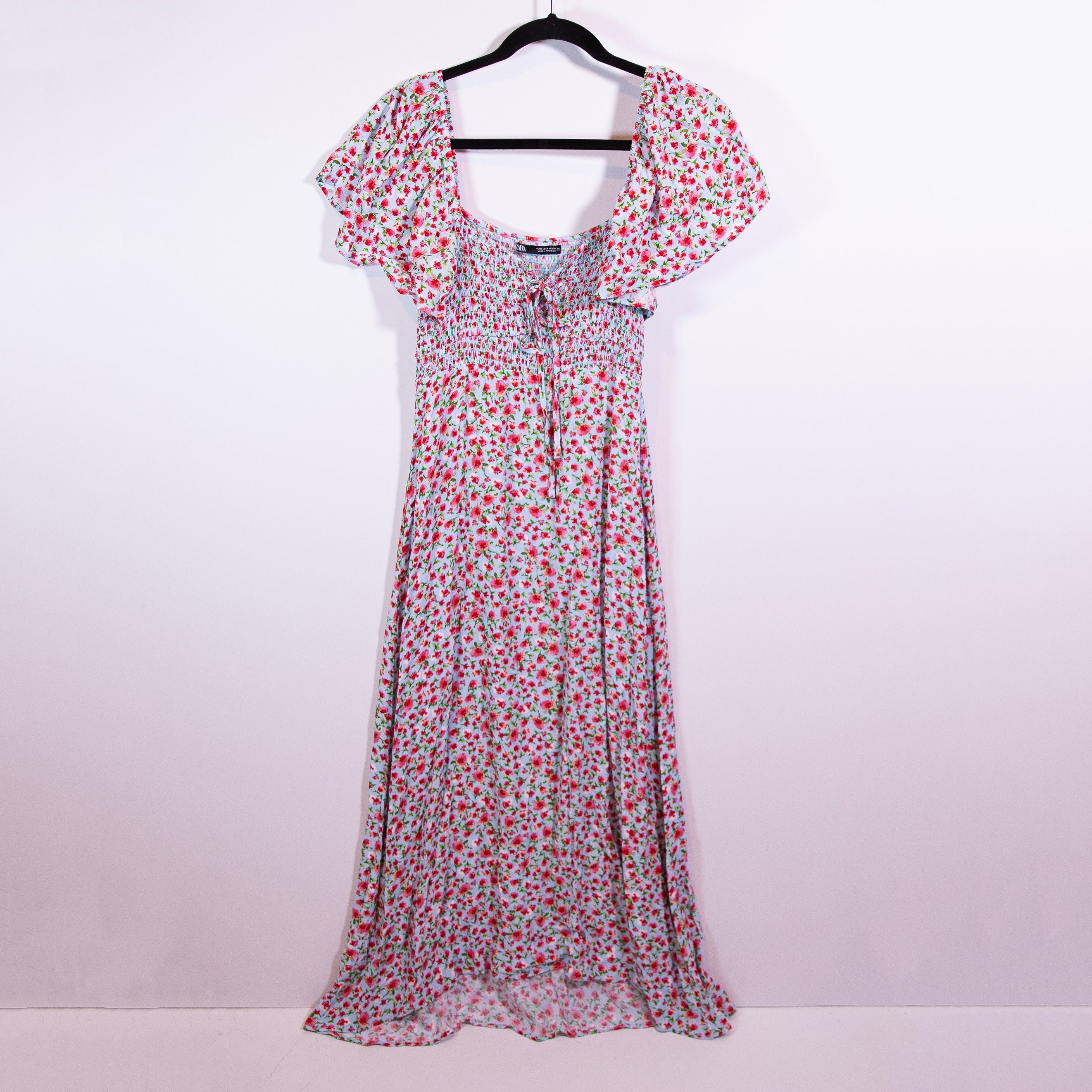 Zara Crepe Smocked Bodice Flutter Short Sleeve Floral Flower Print Maxi Dress S