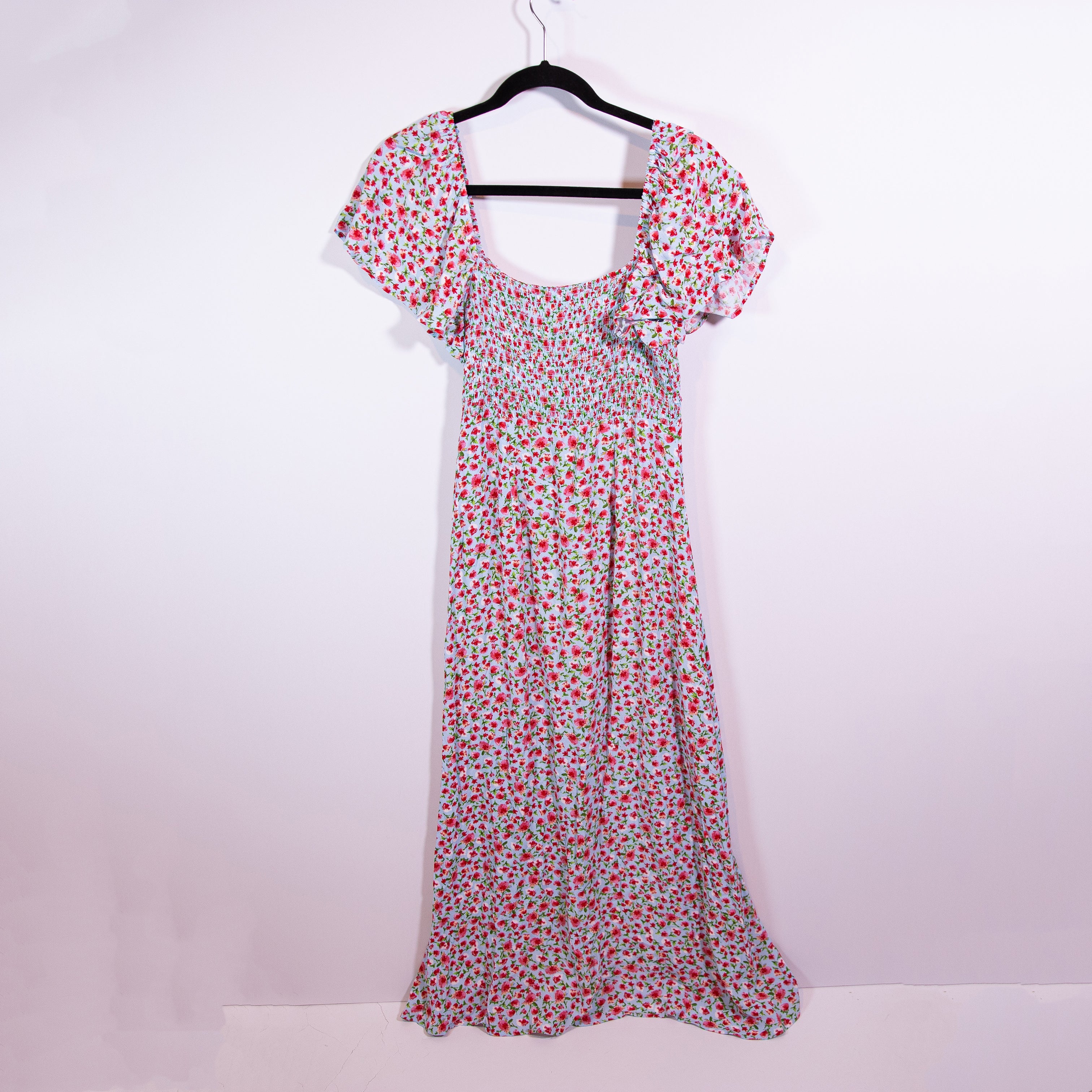 Zara Crepe Smocked Bodice Flutter Short Sleeve Floral Flower Print Maxi Dress S
