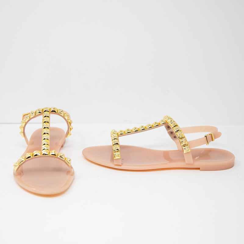 Stuart Weitzman Jelrose Studded T-Strap Open Toe Flat Jelly Sandals Shoes 9