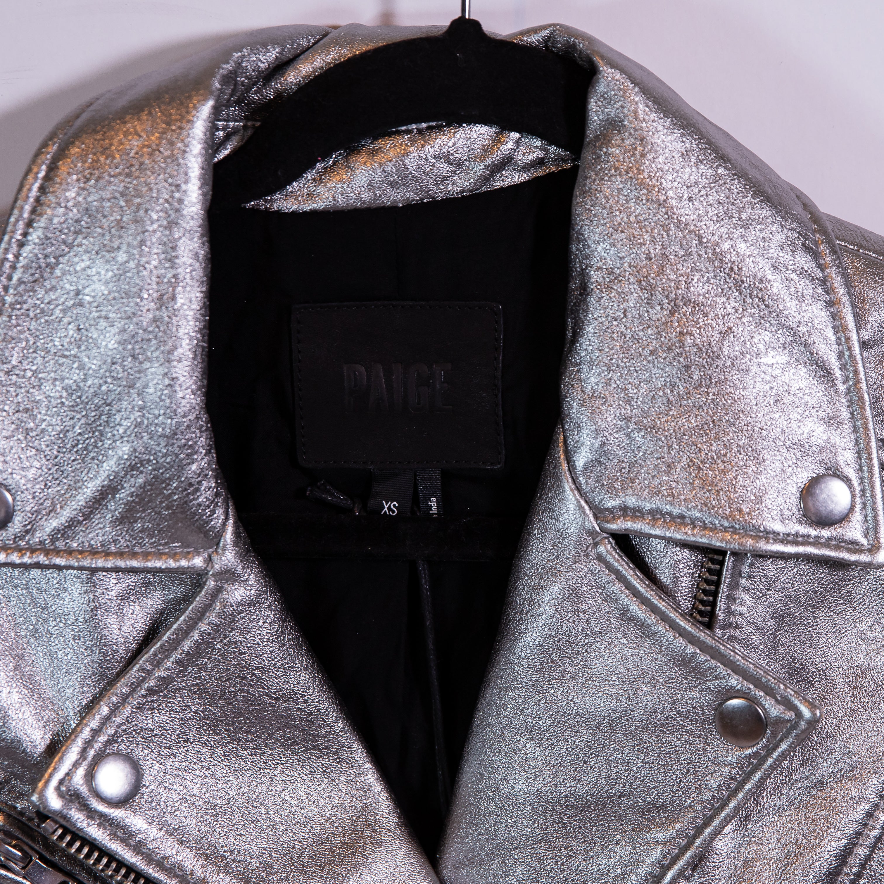 NEW Paige Ashby Metallic Genuine Leather Full Zip Motorcycle Jacket Silver XS