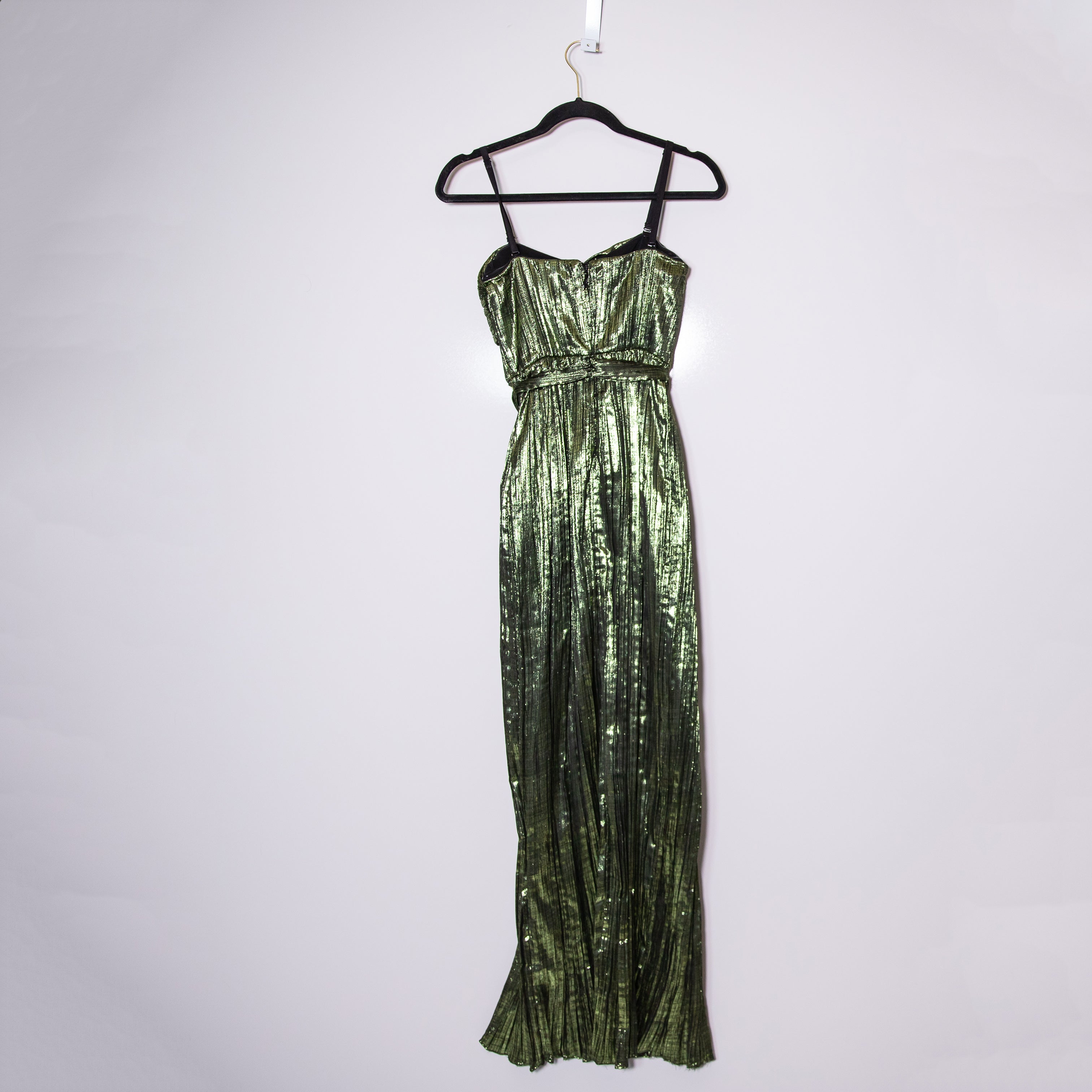 Jonathan Simkhai Metallic Plisse Pleated Strapless Maxi Dress Gown Green 0