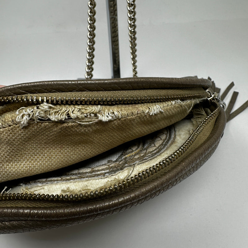 Gucci Soho Linen Round Leather Silver Metallic Top Zipper Crossbody Purse Bag