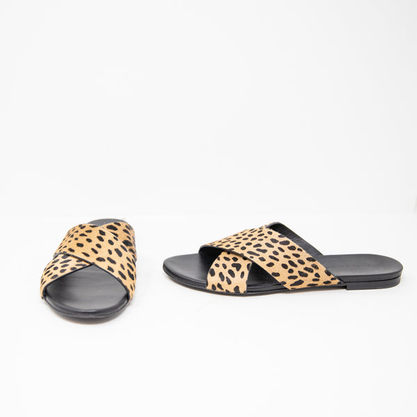 Jenni Kayne Pony Hair Cheetah Leopard Animal Print Crossover Flat Sandals Shoes