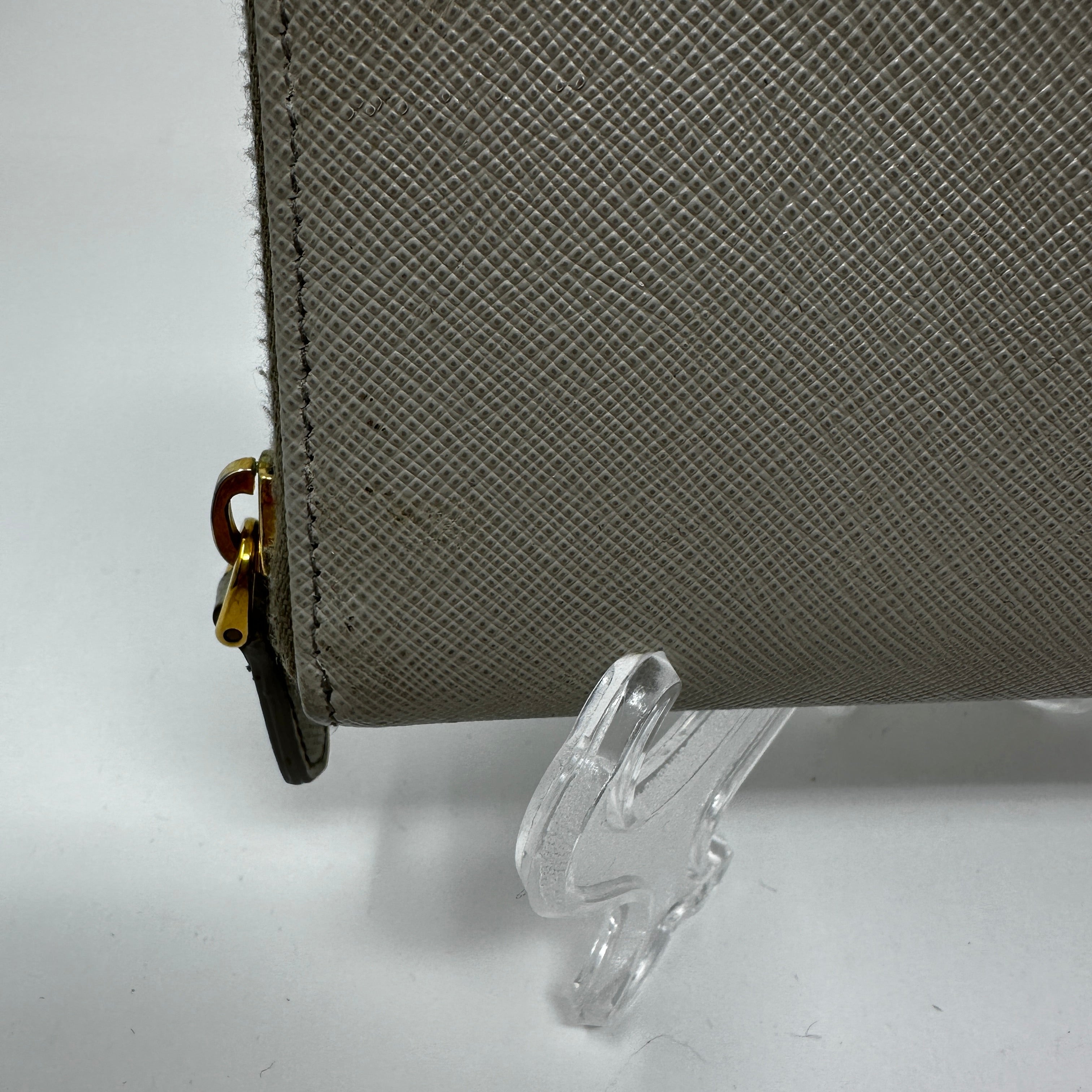 Prada Saffiano Leather Zip Around Continental Travel Card Wallet Case Gray Gold