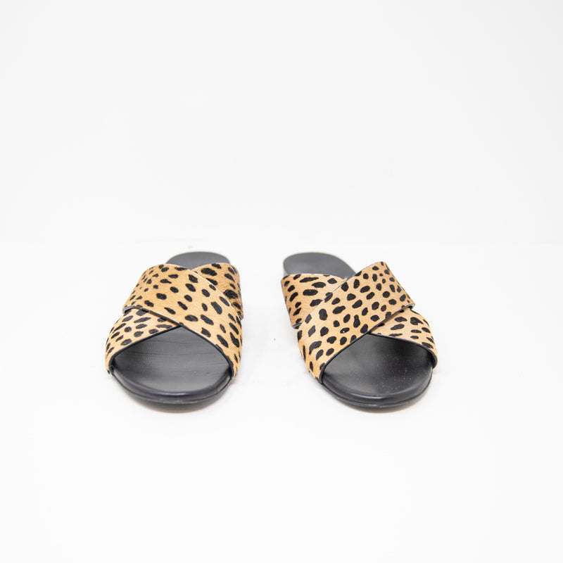 Jenni Kayne Pony Hair Cheetah Leopard Animal Print Crossover Flat Sandals Shoes