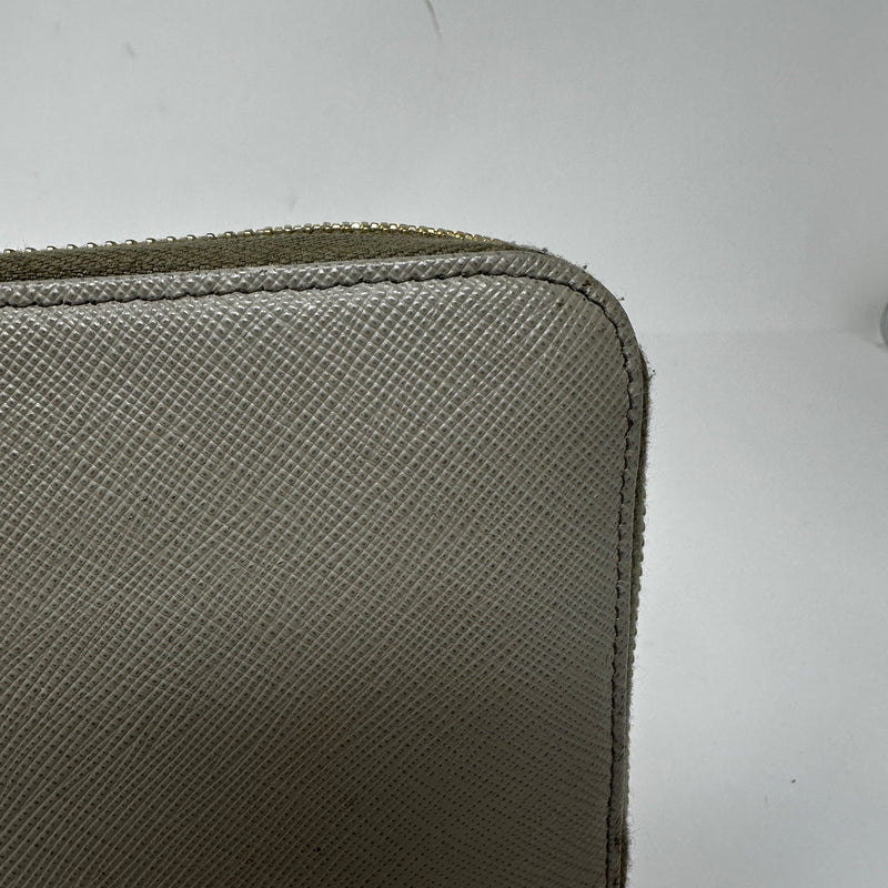 Prada Saffiano Leather Zip Around Continental Travel Card Wallet Case Gray Gold