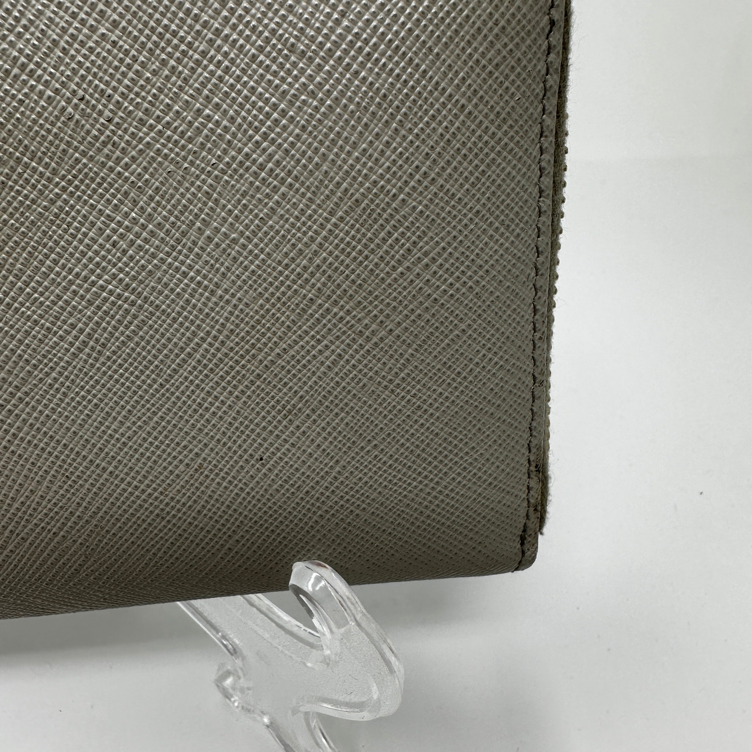 Prada Saffiano Leather Zip Around Continental Travel Card Wallet Case Gray Gold