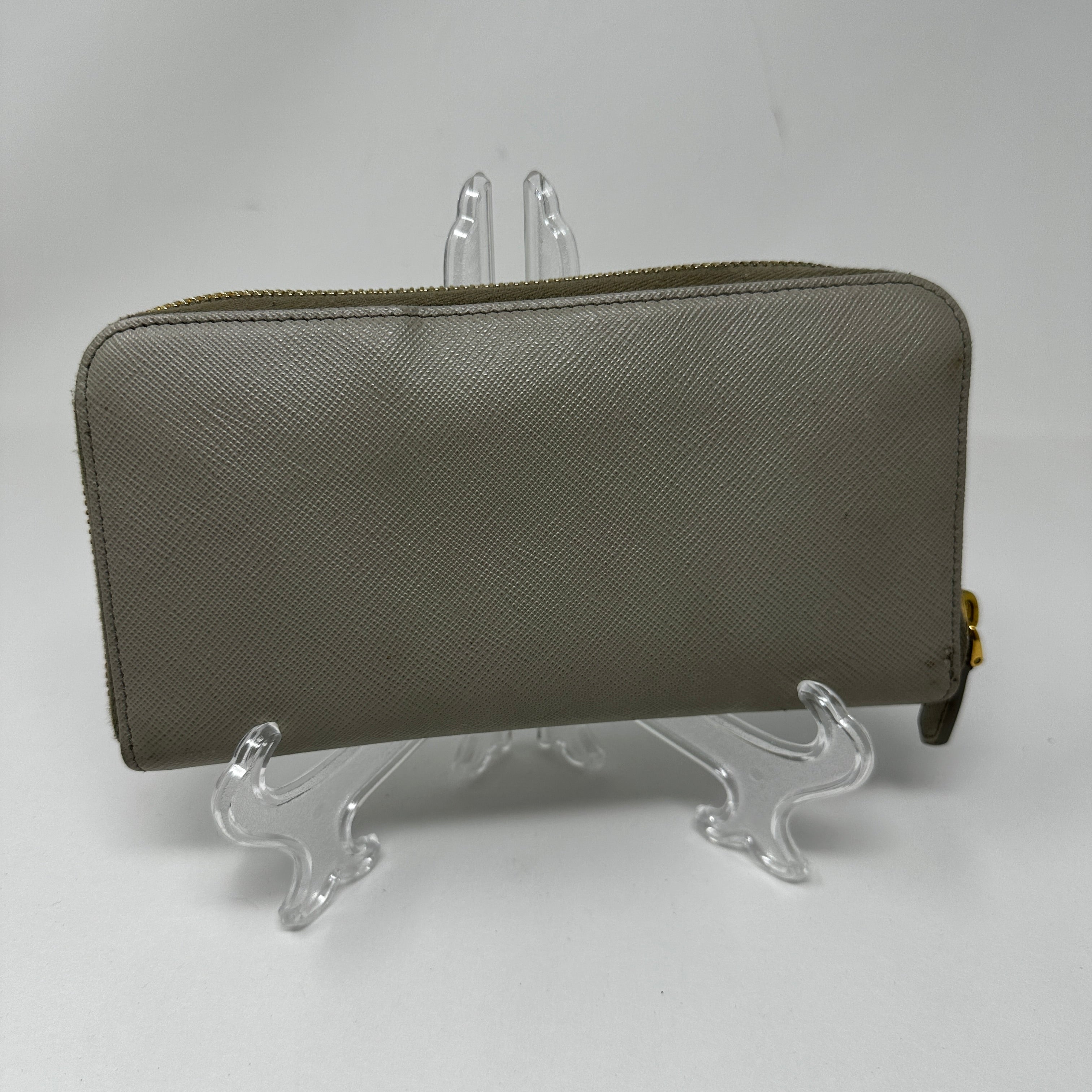 Prada Saffiano Leather Zip Around Continental Travel Card Wallet Case Gray Gold