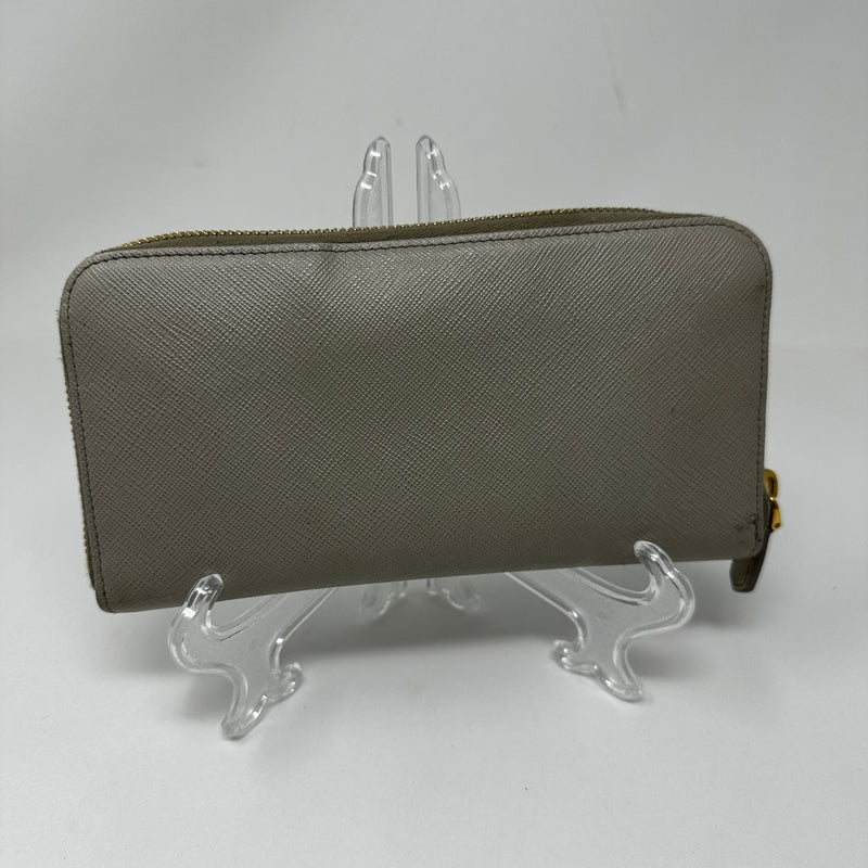 Prada Saffiano Leather Zip Around Continental Travel Card Wallet Case Gray Gold