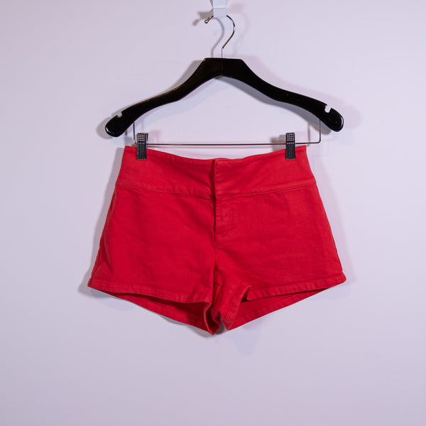 NEW Alice + Olivia Jeans Cotton Stretch High Waisted Mini Shorts Bright Poppy 26