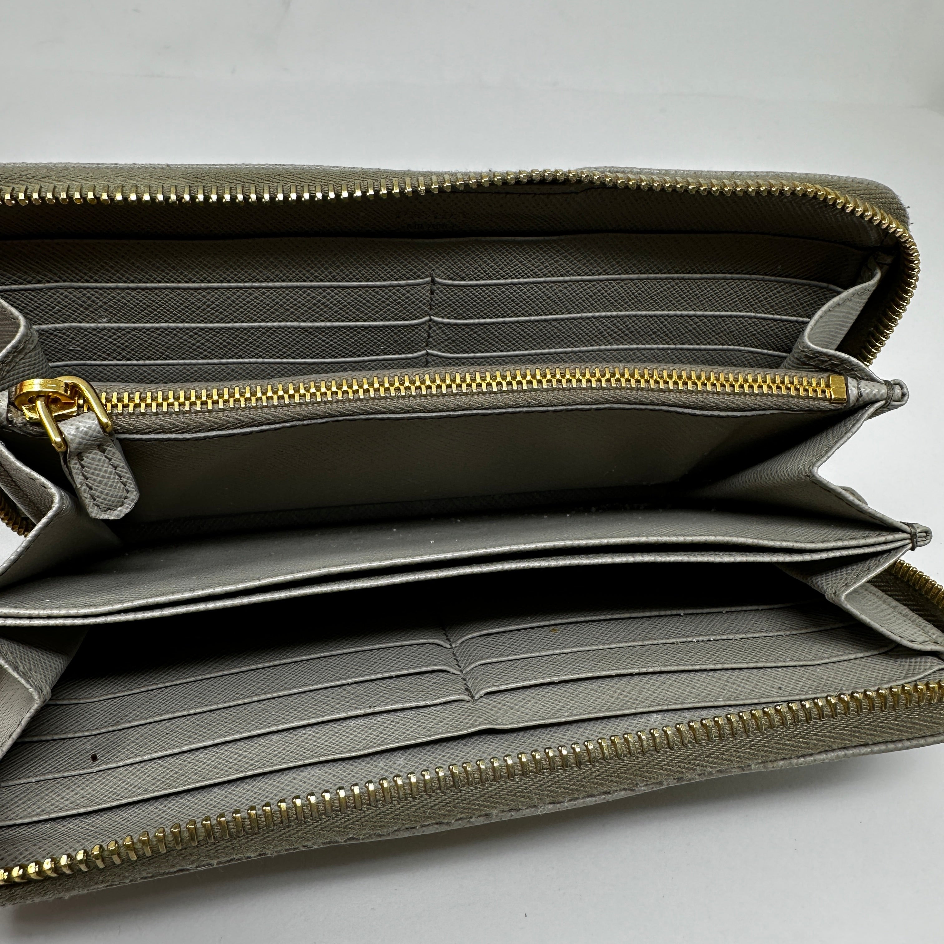 Prada Saffiano Leather Zip Around Continental Travel Card Wallet Case Gray Gold