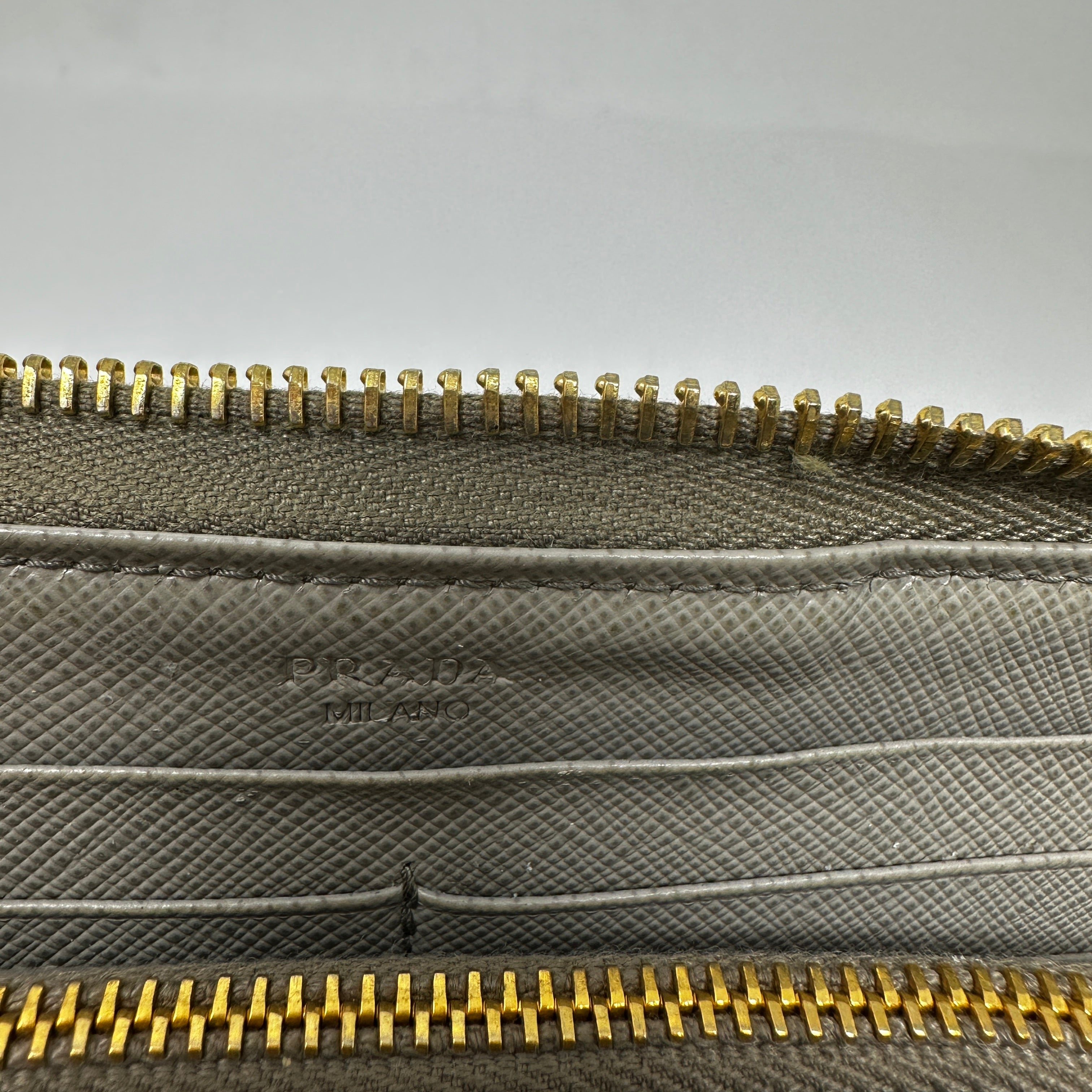 Prada Saffiano Leather Zip Around Continental Travel Card Wallet Case Gray Gold