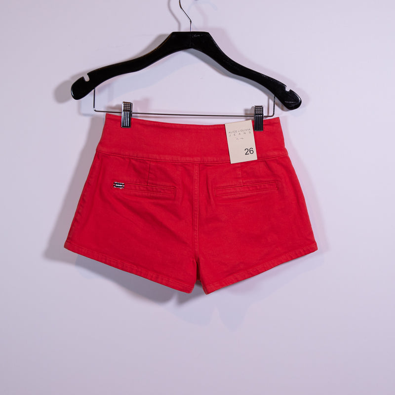 NEW Alice + Olivia Jeans Cotton Stretch High Waisted Mini Shorts Bright Poppy 26