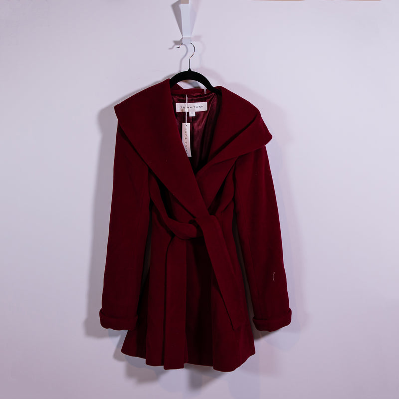 NEW Trina Turk Amelia Wool Felt Spread Collar Belted Pea Coat Jacket Red 0