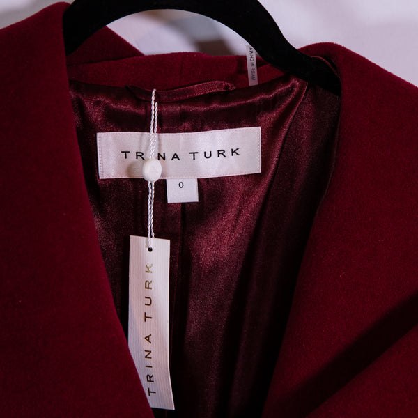 NEW Trina Turk Amelia Wool Felt Spread Collar Belted Pea Coat Jacket Red 0