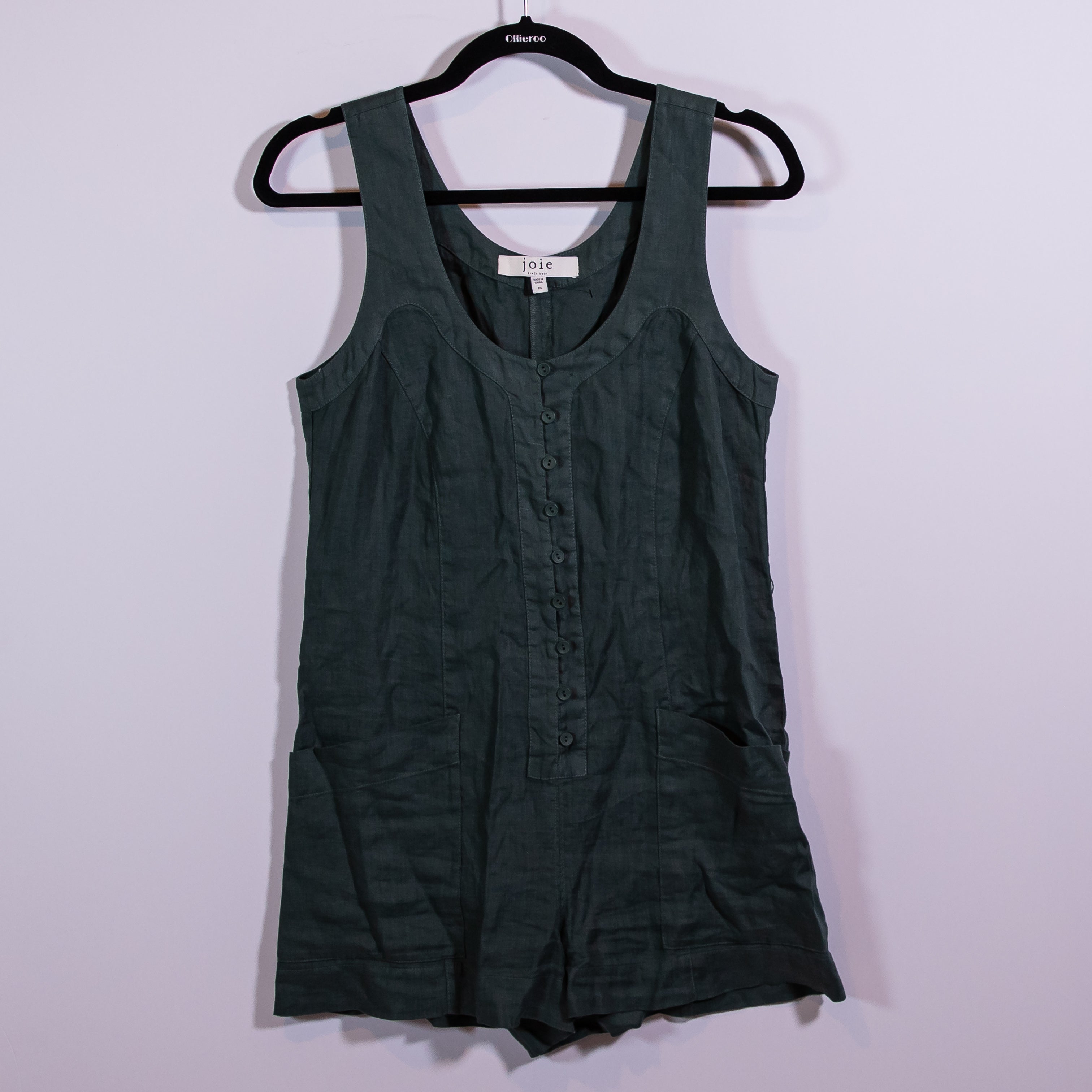 Joie Priya Woven Linen Lightweight Button Mini Romper Playsuit Jungle Green XS