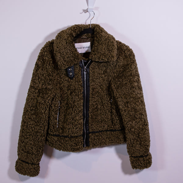 Stand Studio Audrey Faux Vegan Shearling Fur Full Zip Moto Jacket Green Small