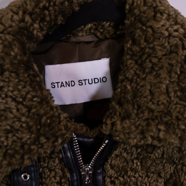Stand Studio Audrey Faux Vegan Shearling Fur Full Zip Moto Jacket Green Small