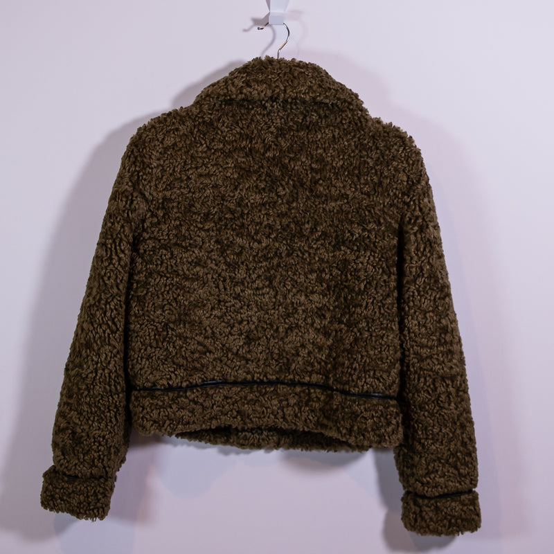 Stand Studio Audrey Faux Vegan Shearling Fur Full Zip Moto Jacket Green Small