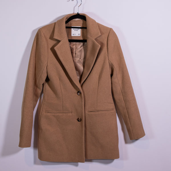Abercrombie &amp; Fitch Wool Blend Felt Two Button Pea Coat Jacket Camel Brown XST