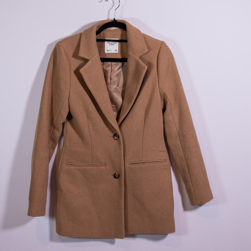Abercrombie &amp; Fitch Wool Blend Felt Two Button Pea Coat Jacket Camel Brown XST