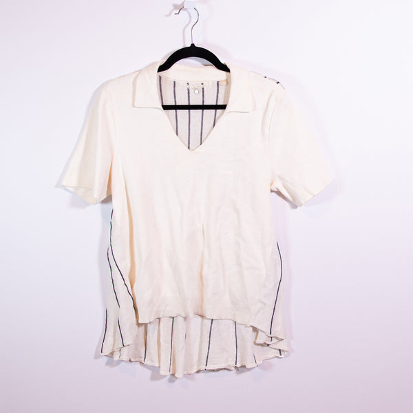 Knitted &amp; Knotted Stretch V Neck Collar Short Sleeve Pullover Sweater White Blue