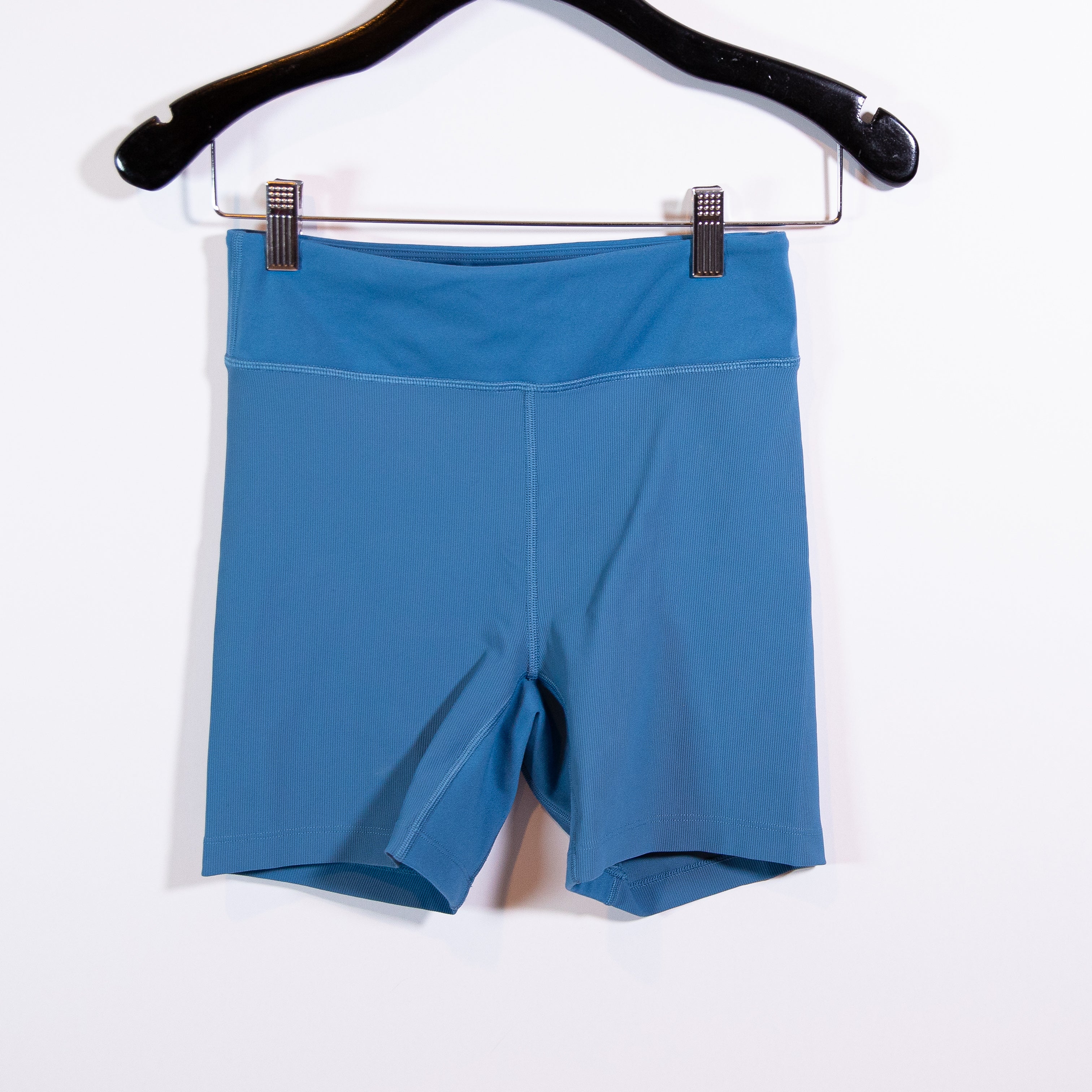 L* Space Active Women's High Waisted Ribbed Athletic Biker Shorts Blue Small