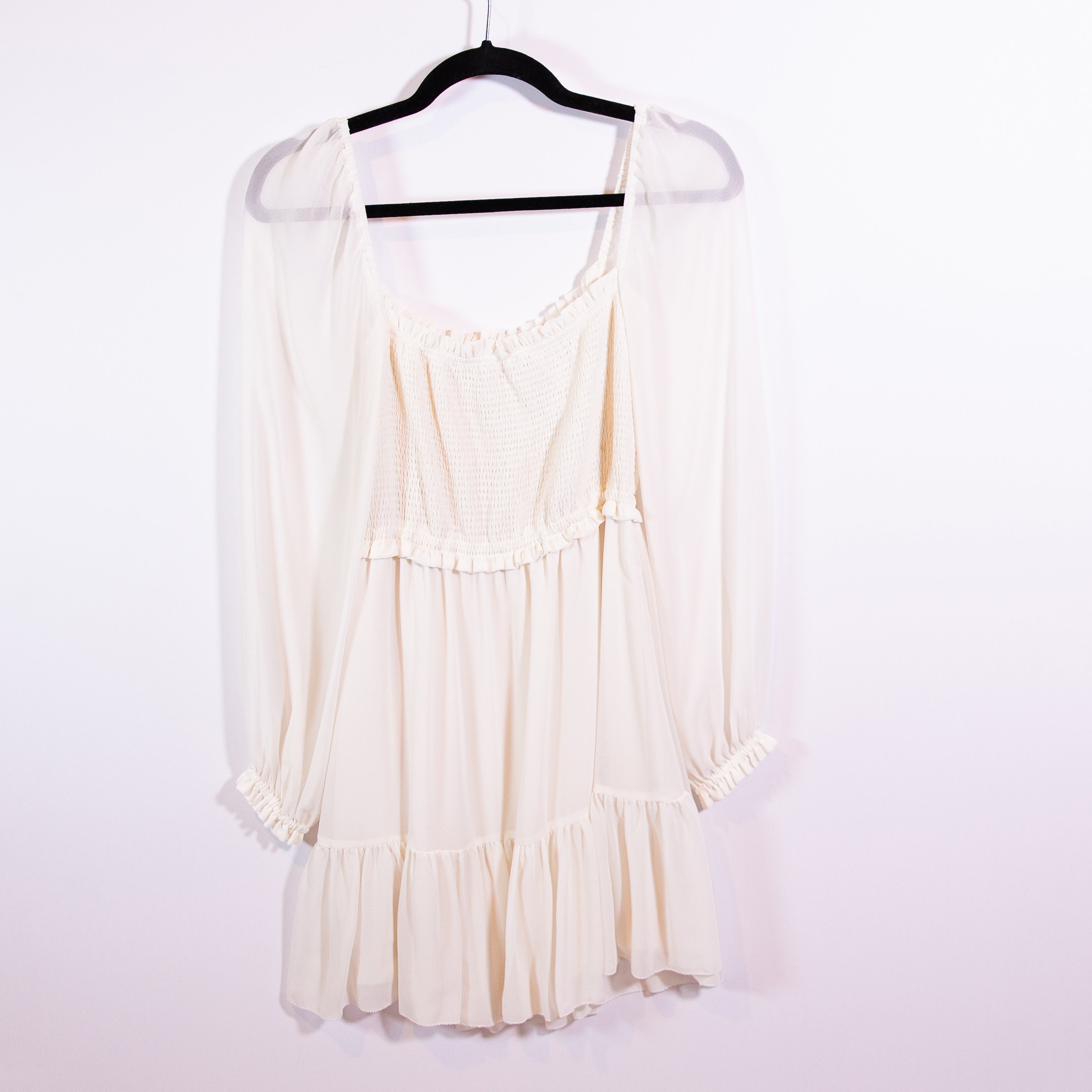 Wilfred Aritzia Tempest Smocked Stretch Bodice Chiffon Long Sleeve Mini Dress S