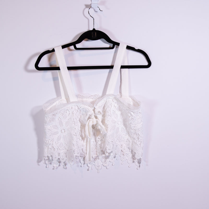 Saylor Serafina Allover Floral Flower Lace Square Neck Crop Tank Top White Small