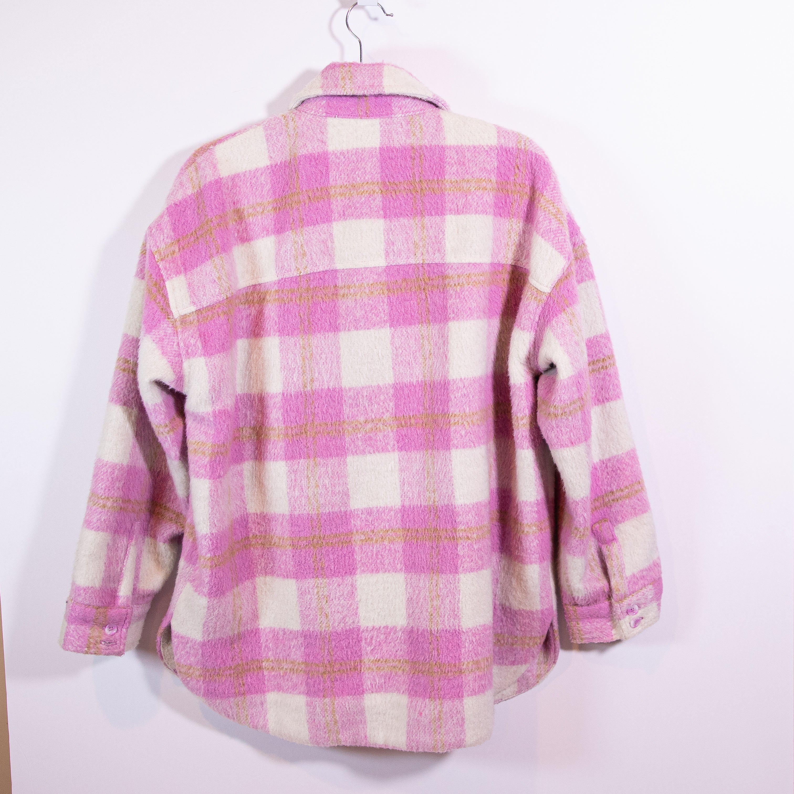 L*Space Seaside Fuzzy Knit Lilac Cream Plaid Check Print Shacket Jacket Small