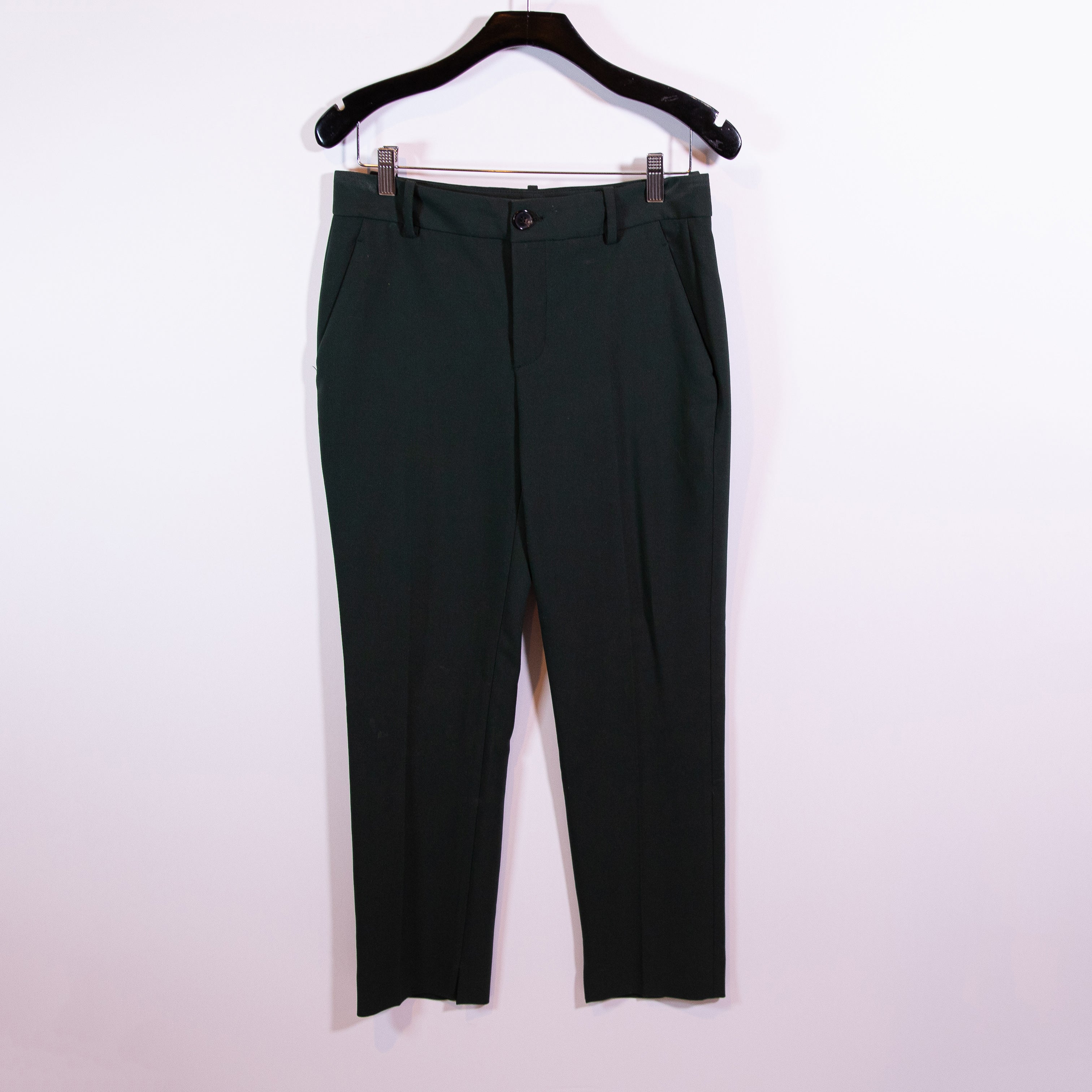 Zara Women's Crepe Mid Rise Straight Leg Trouser Pants Solid Green Small