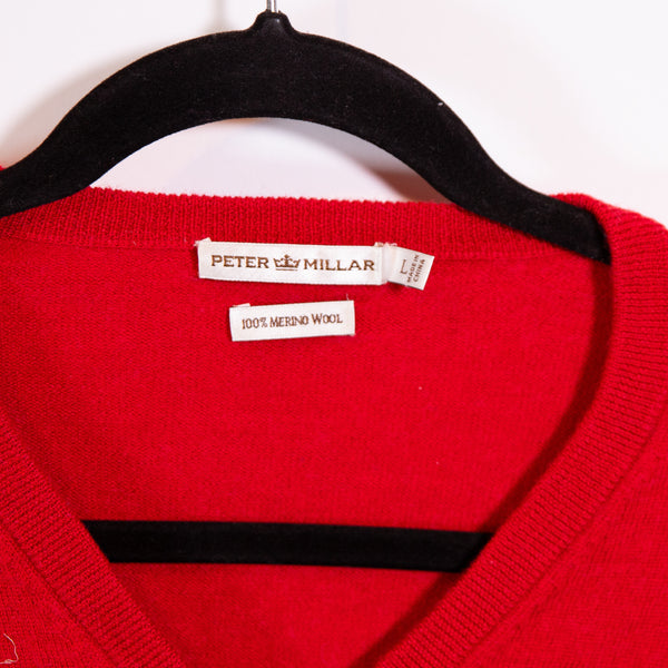 Peter Millar Men's Wool Knit Stretch V Neck Pullover Sweater Solid Red Large