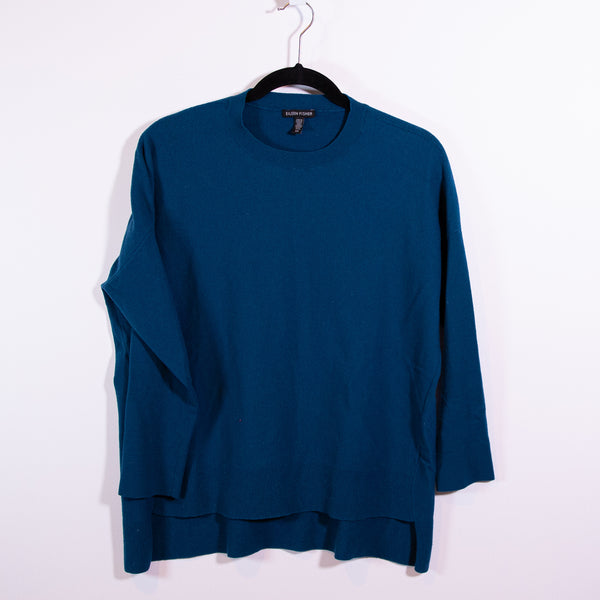 Eileen Fisher Wool Knit Stretch Crew Neck Pullover High Low Hem Sweater Blue S