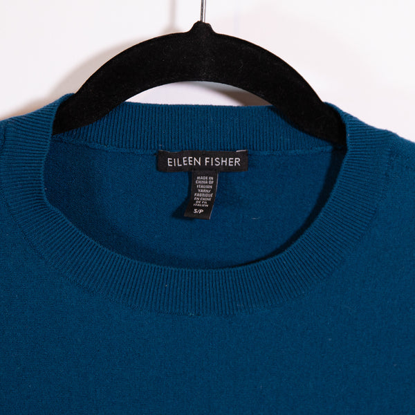 Eileen Fisher Wool Knit Stretch Crew Neck Pullover High Low Hem Sweater Blue S